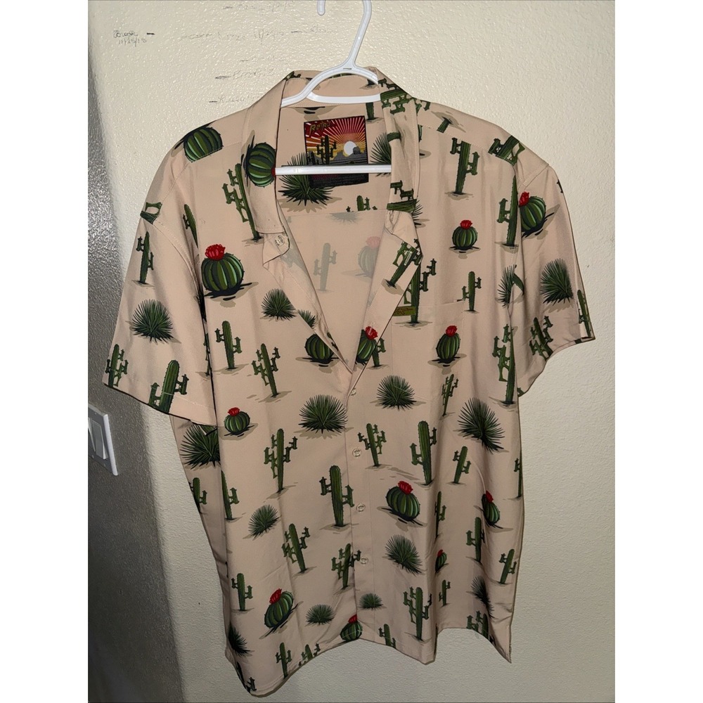 RSVLTS Retro Radio Print Cotton Short Sleeve Button-Up Shirt Cactus Men